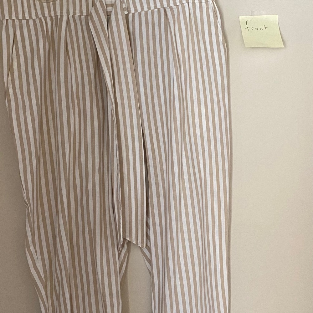 Zara lightweight Capri Pants Tapered Leg Tie Bow Waist Tan White Strip Medium